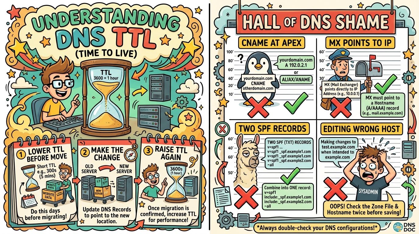 Secuencia ilustrada de migración con TTL y errores comunes de configuración DNS