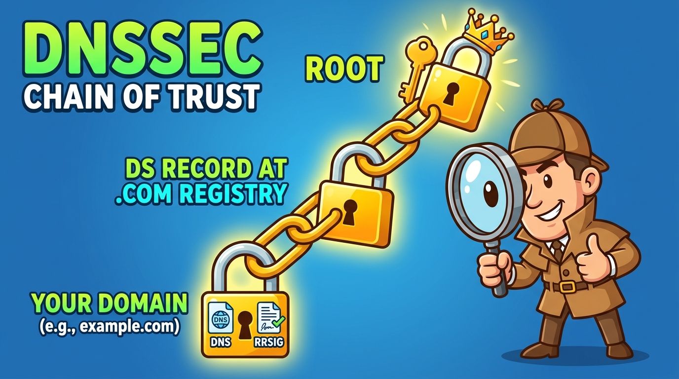 Cartoon diagram of the DNSSEC chain of trust from the DNS root and registry DS record to a signed domain