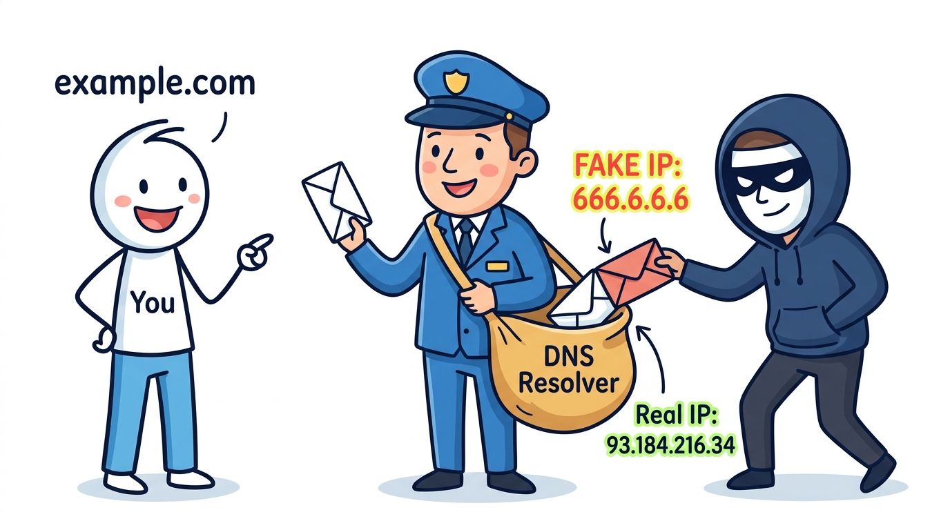 Ilustración de un ataque de envenenamiento de caché DNS donde un atacante mete una dirección falsa en la bolsa del resolver