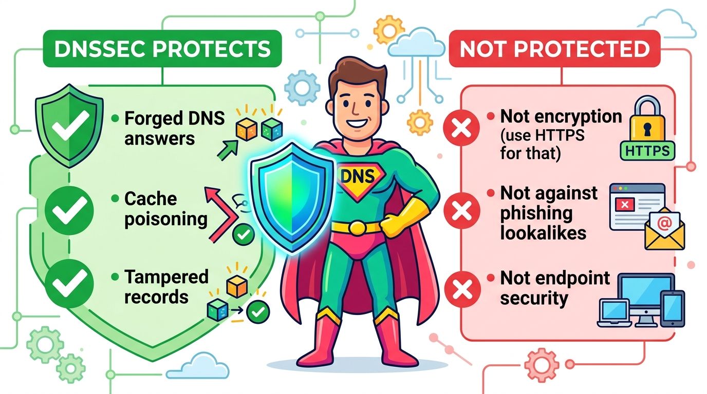 DNSSEC illustration comparing forged DNS protection with risks DNSSEC does not cover
