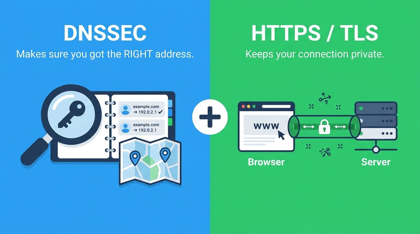 Gráfico comparativo que muestra DNSSEC verificando la dirección correcta y HTTPS cifrando el canal de conexión