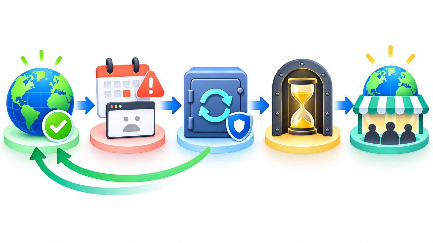 Cinco etapas visuales muestran un dominio desde el registro activo hasta el vencimiento, recuperación, eliminación pendiente y liberación