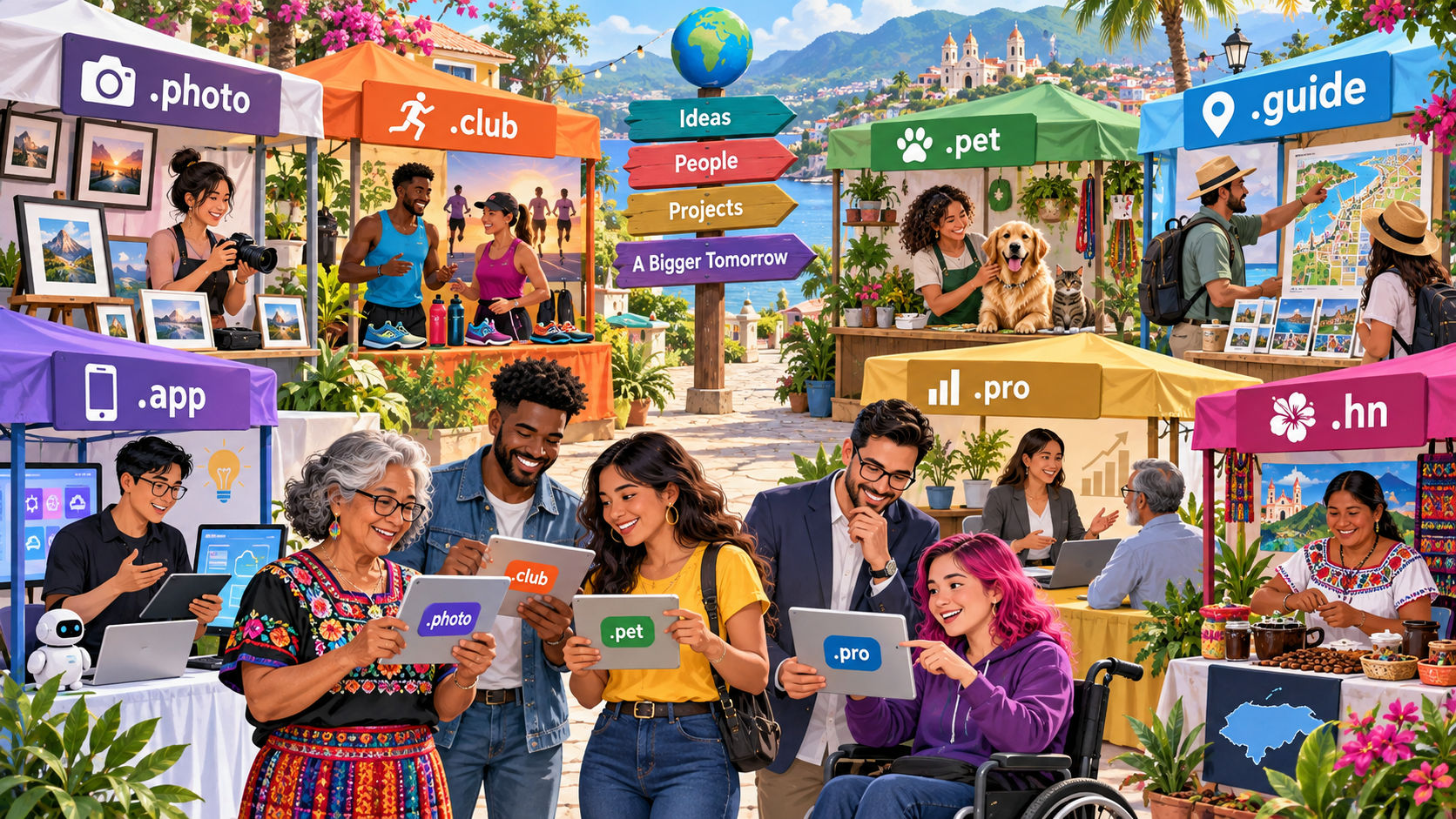 Mercado colorido y multicultural donde fotógrafos, corredores, negocios de mascotas, desarrolladores y emprendedores comparan extensiones