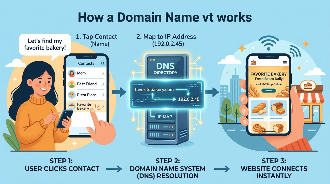 Infographic showing a user tapping a contact name on a smartphone, mapping through DNS to an IP address, and connecting to the website