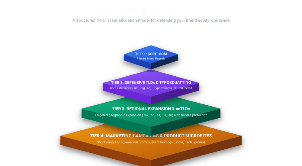 Diagrama isométrico en 3D que ilustra la pirámide de defensa de marca en cuatro niveles: Dominio Principal, TLDs Defensivos, ccTLDs Regionales y Campañas de Marketing