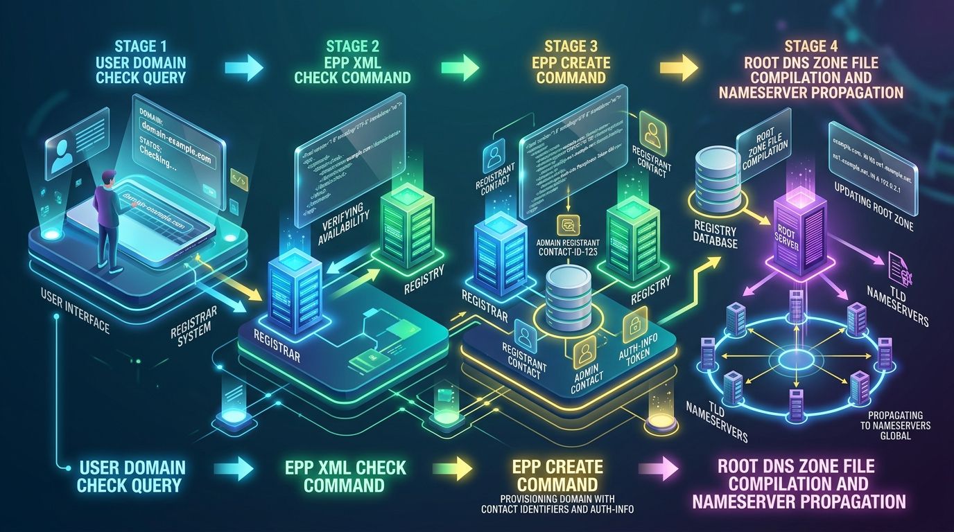 3D Technical Infographic: Domain Registration Lifecycle and EPP Protocol Flow