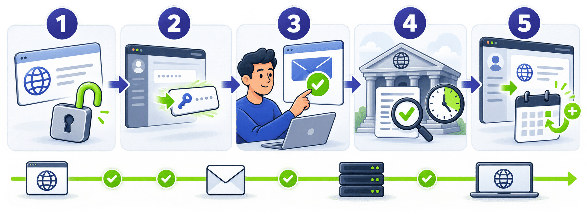 Cartoon domain transfer infographic showing five steps: unlock the domain, obtain the EPP key, approve the request, complete registry verification, and receive the domain with an added registration year