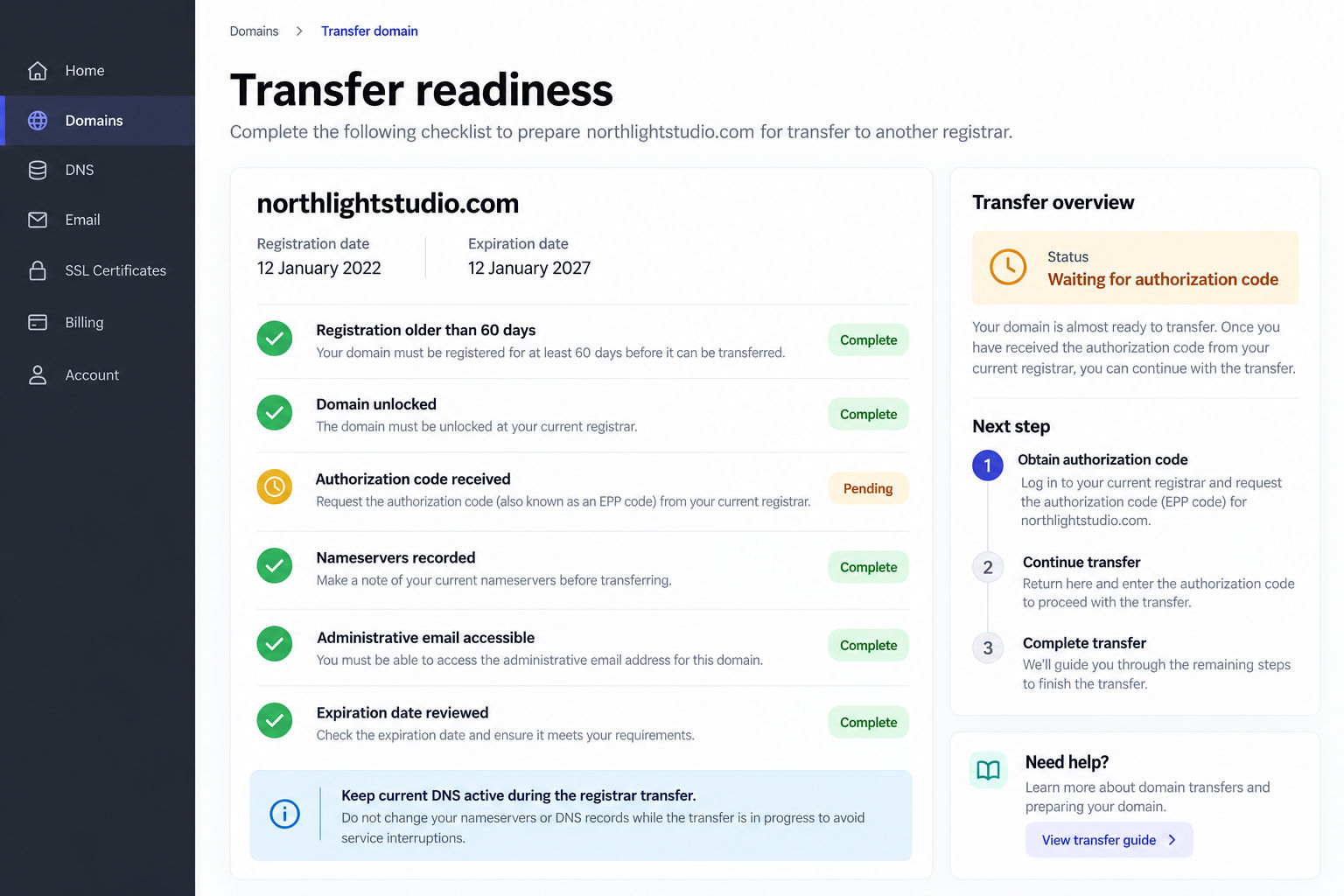 A domain transfer status screen with a safe timeline.