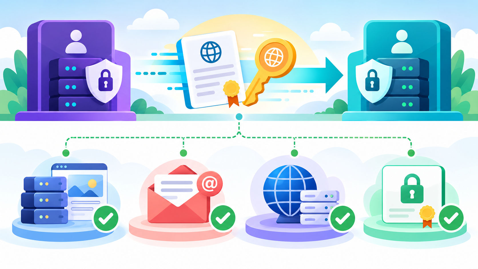 Domain registration moves to a new registrar while website, email, DNS and certificates remain separate services