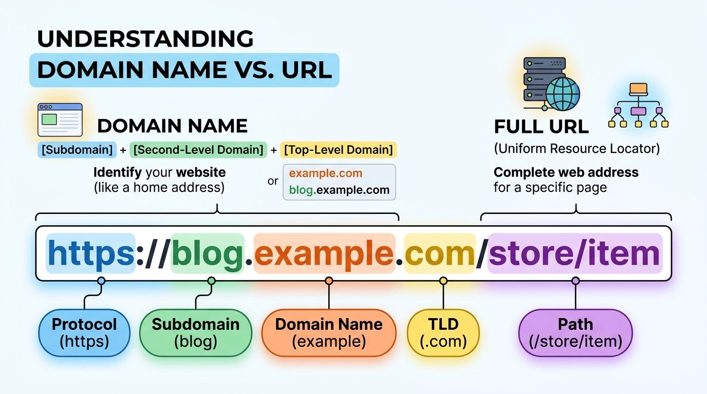 Anatomy breakdown of a complete URL showing protocol, subdomain, domain name, top level domain, and specific path