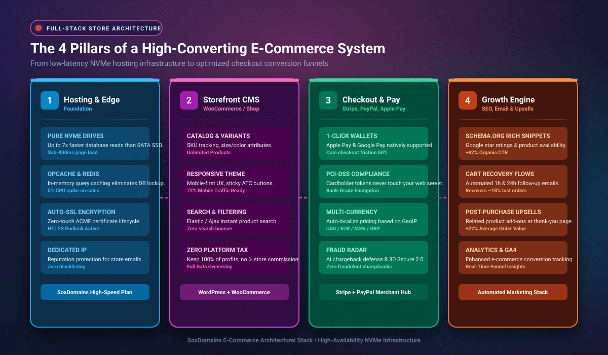 Diagrama isométrico en 3D que ilustra las capas de producción de una tienda online desde el hardware NVMe hasta la pasarela de pago.