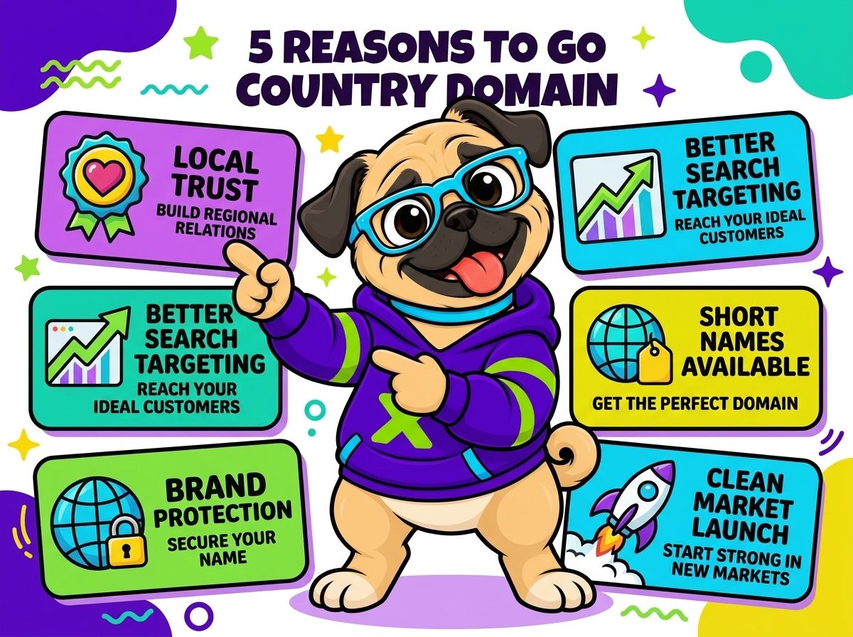 Illustrated business reasons for using a country domain, including local recognition and brand protection