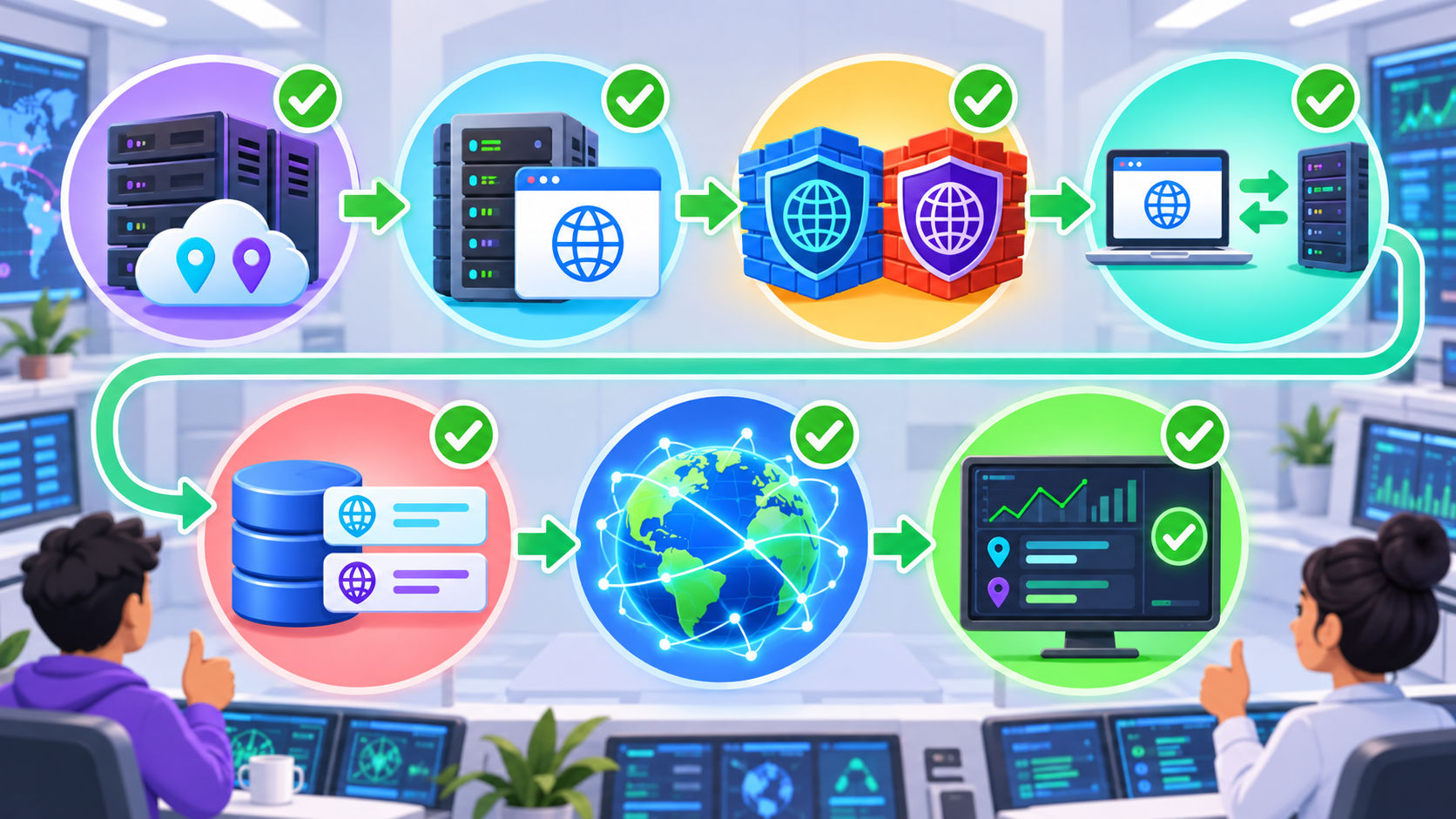 Un flujo visual de siete pasos comprueba hosting, servidor, firewall, pruebas, DNS, verificación externa y monitoreo para IPv6
