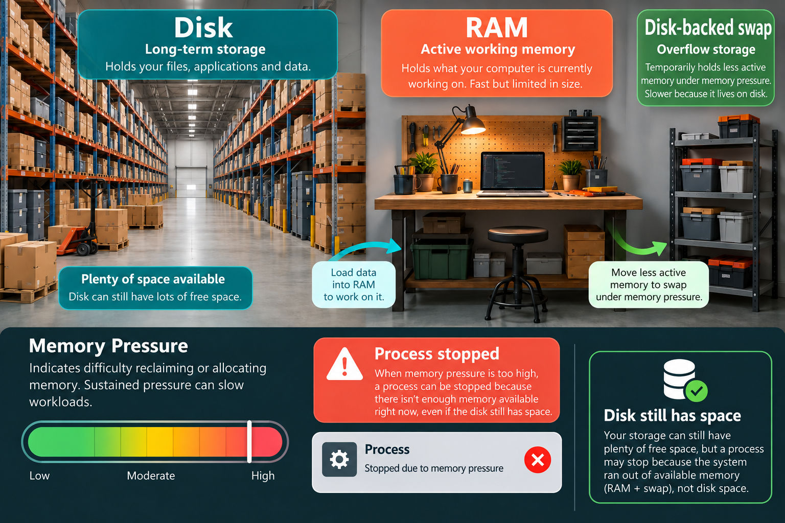 Disk capacity, available RAM and swap are different resources during a memory incident.