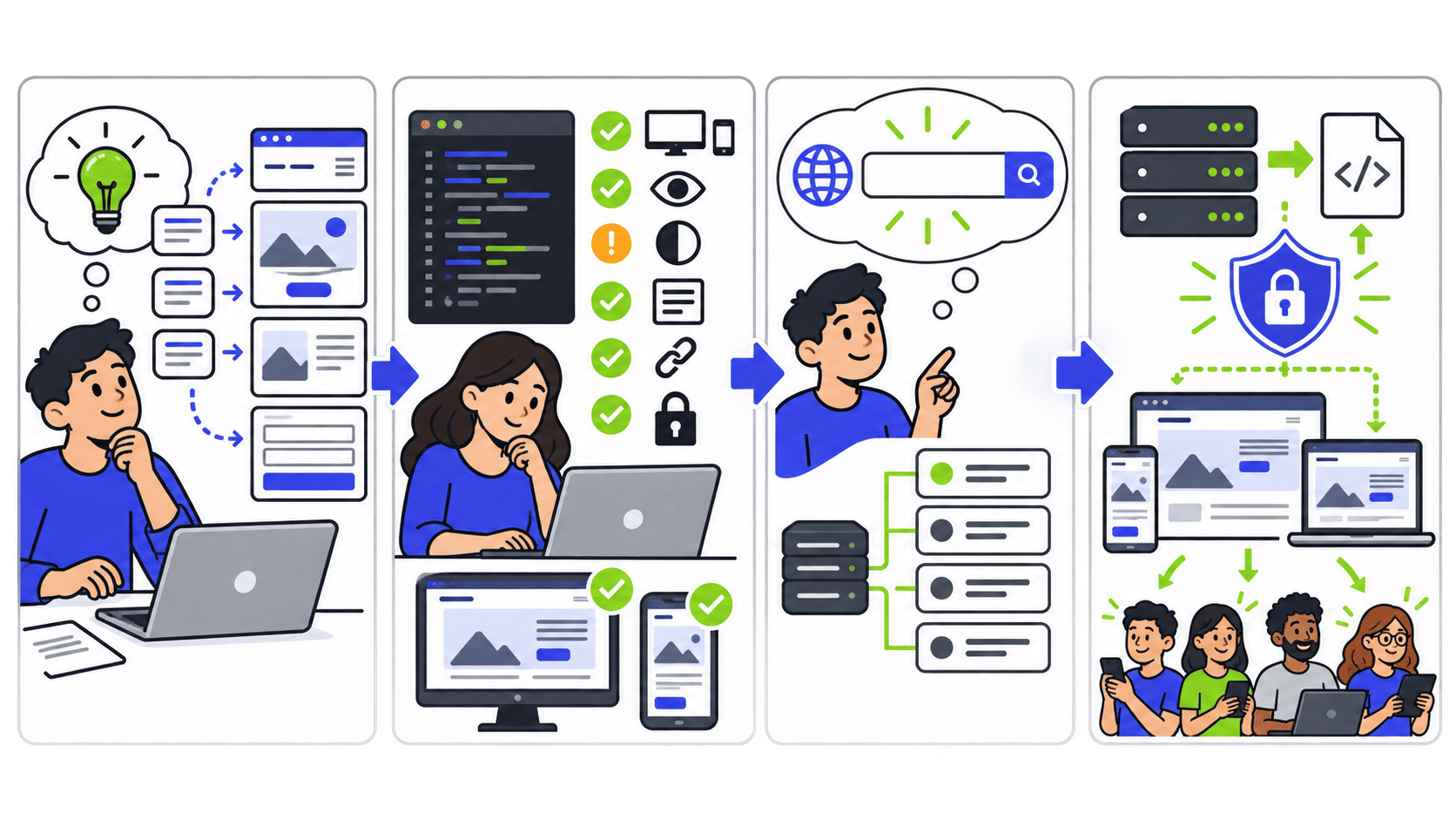 Four-stage illustrated workflow showing modular AI prompts, human code review and responsive testing, domain and DNS configuration, and secure website deployment