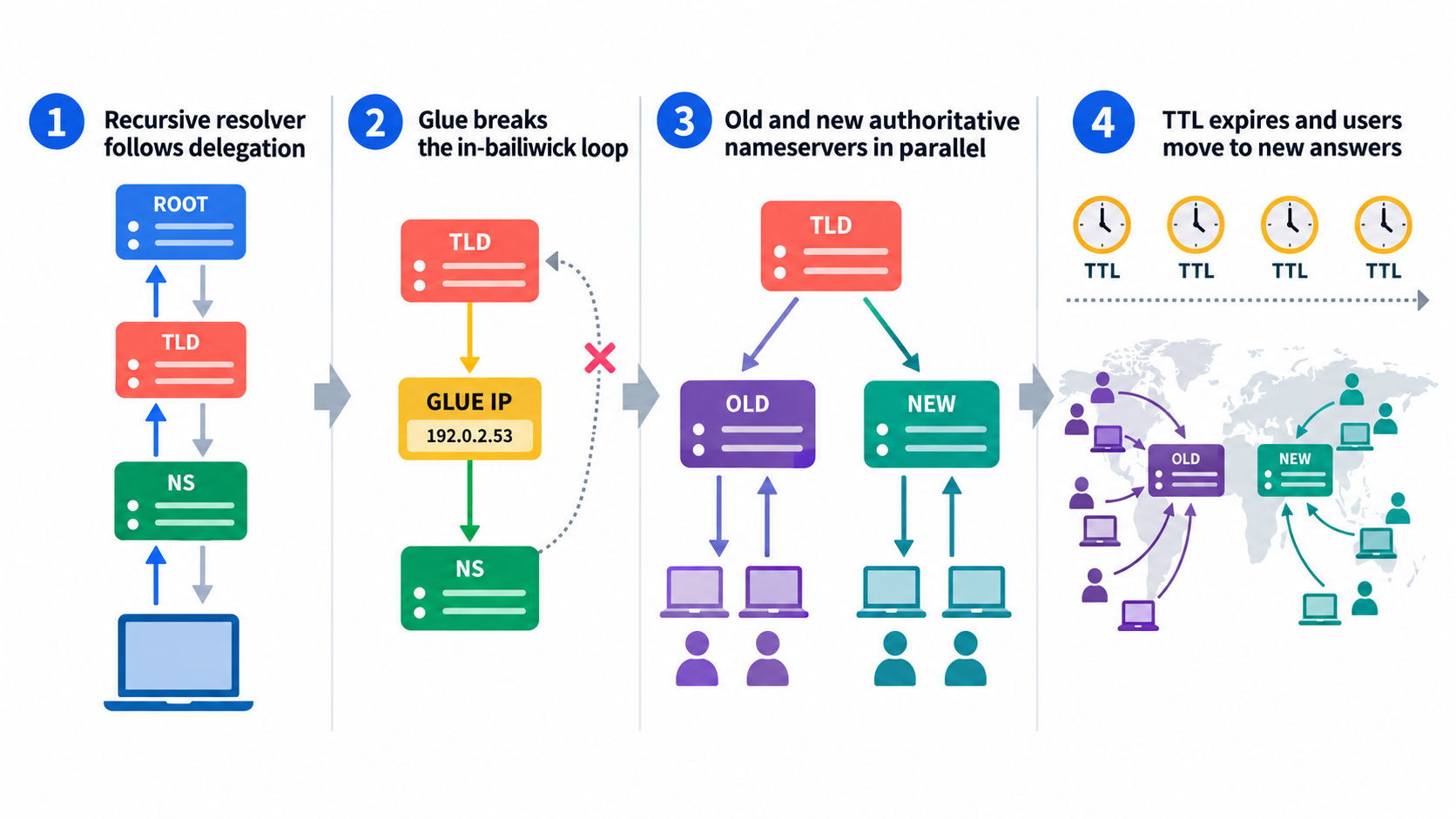 Four-stage colorful DNS diagram showing delegation, an in-domain nameserver glue record, old and new nameservers during cutover, and cache expiry