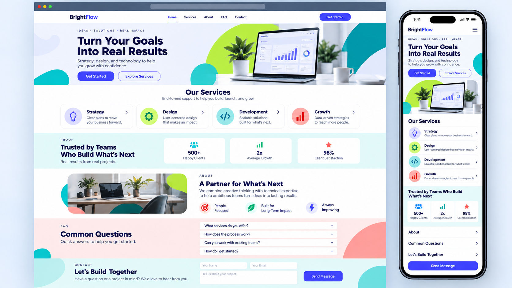 Desktop and mobile layouts for a focused one-page business website.
