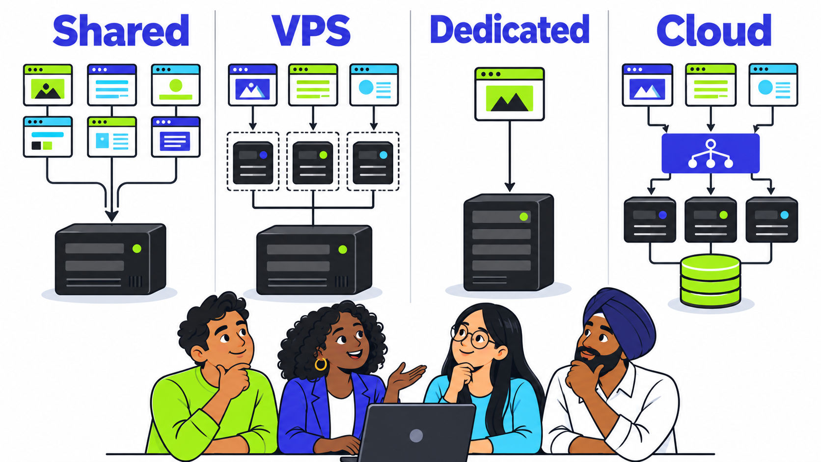 Diagrama comparativo de hosting compartido, VPS, servidor dedicado y cloud