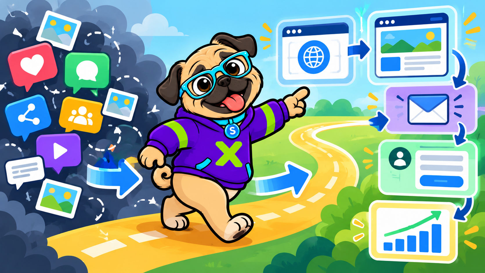 SoxDomains mascot guiding a business from social channels to an owned website