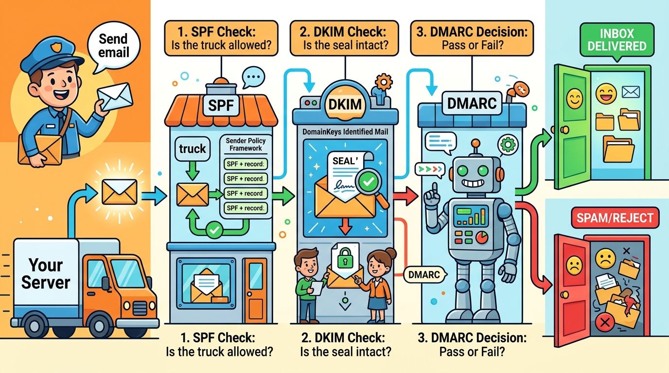 Cartoon email journey through SPF authorization, DKIM signature checking and the DMARC decision