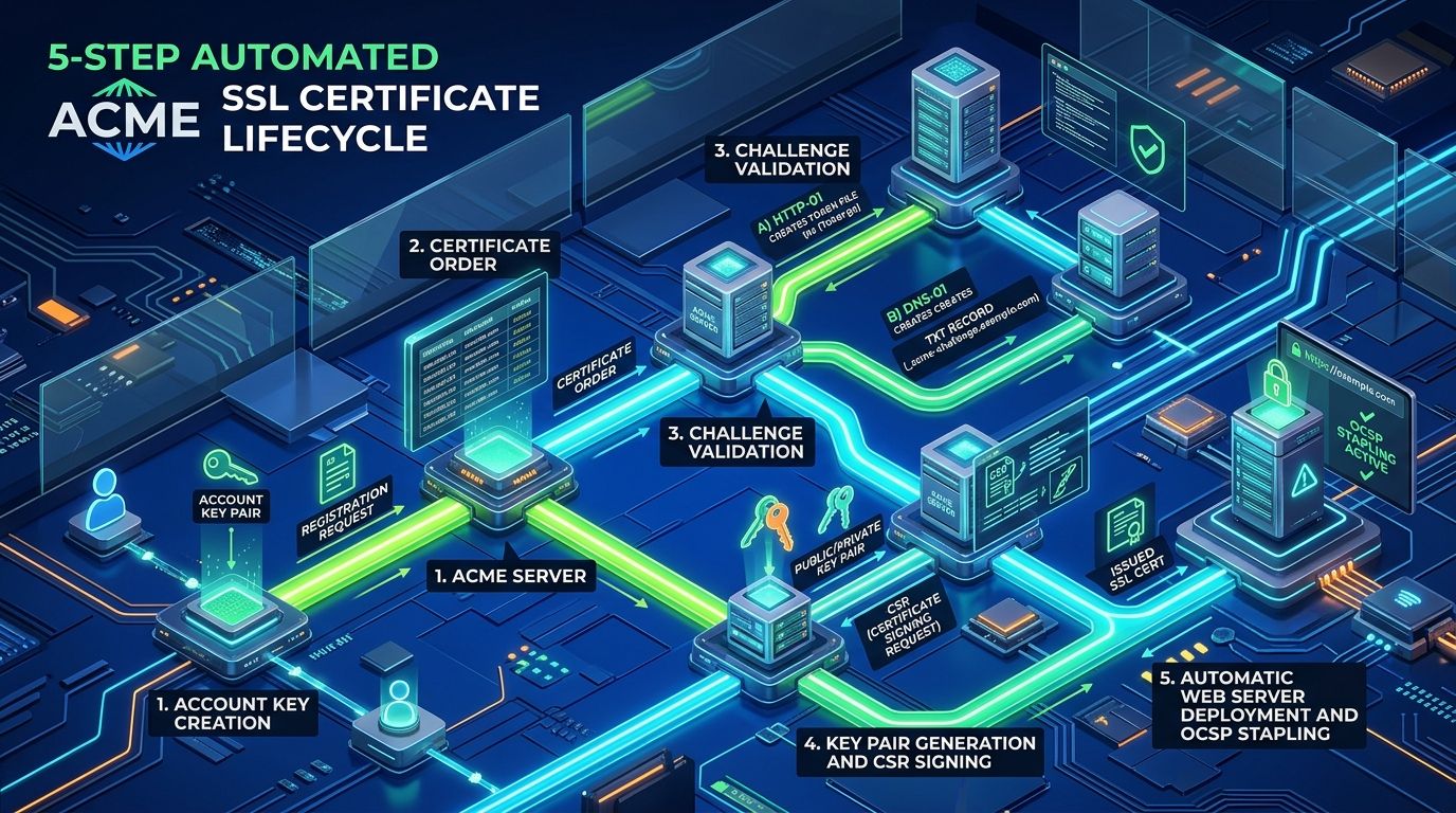 3D Technical Infographic: ACME Protocol RFC 8555 Automated SSL/TLS Lifecycle