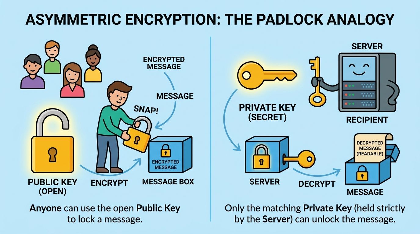 Infographic illustrating asymmetric encryption with an open public key padlock on the left and a secret private key on the right