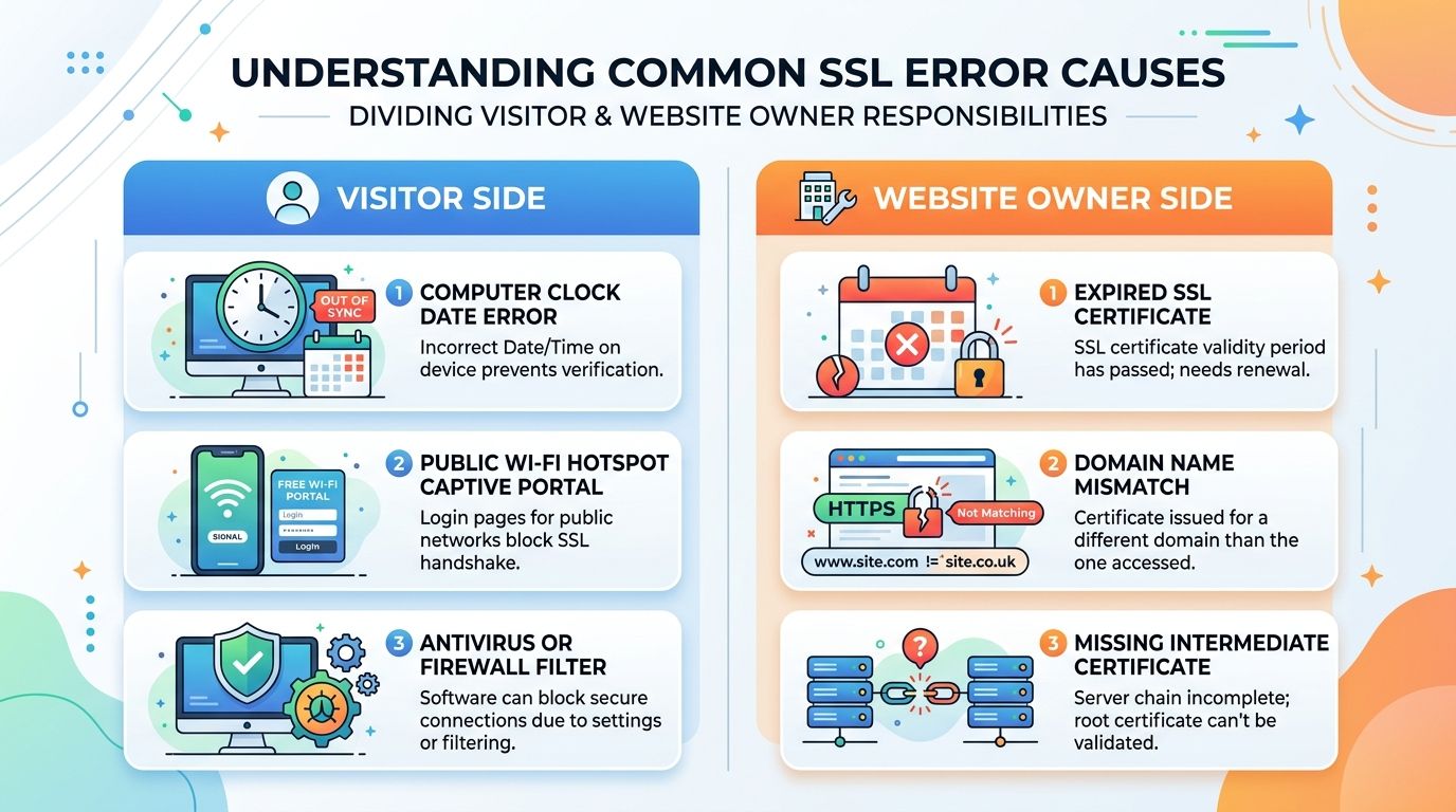 Side-by-side infographic separating visitor causes like clock errors and public Wi-Fi from website owner causes like expired certificates and domain mismatches