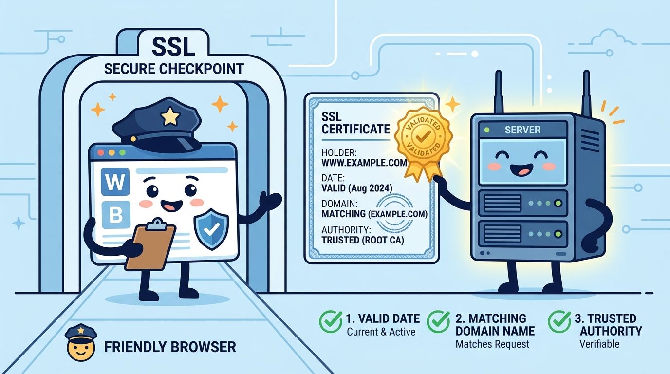 Friendly illustration of the browser security guard verifying the digital certificate issued by a trusted authority during the TLS handshake