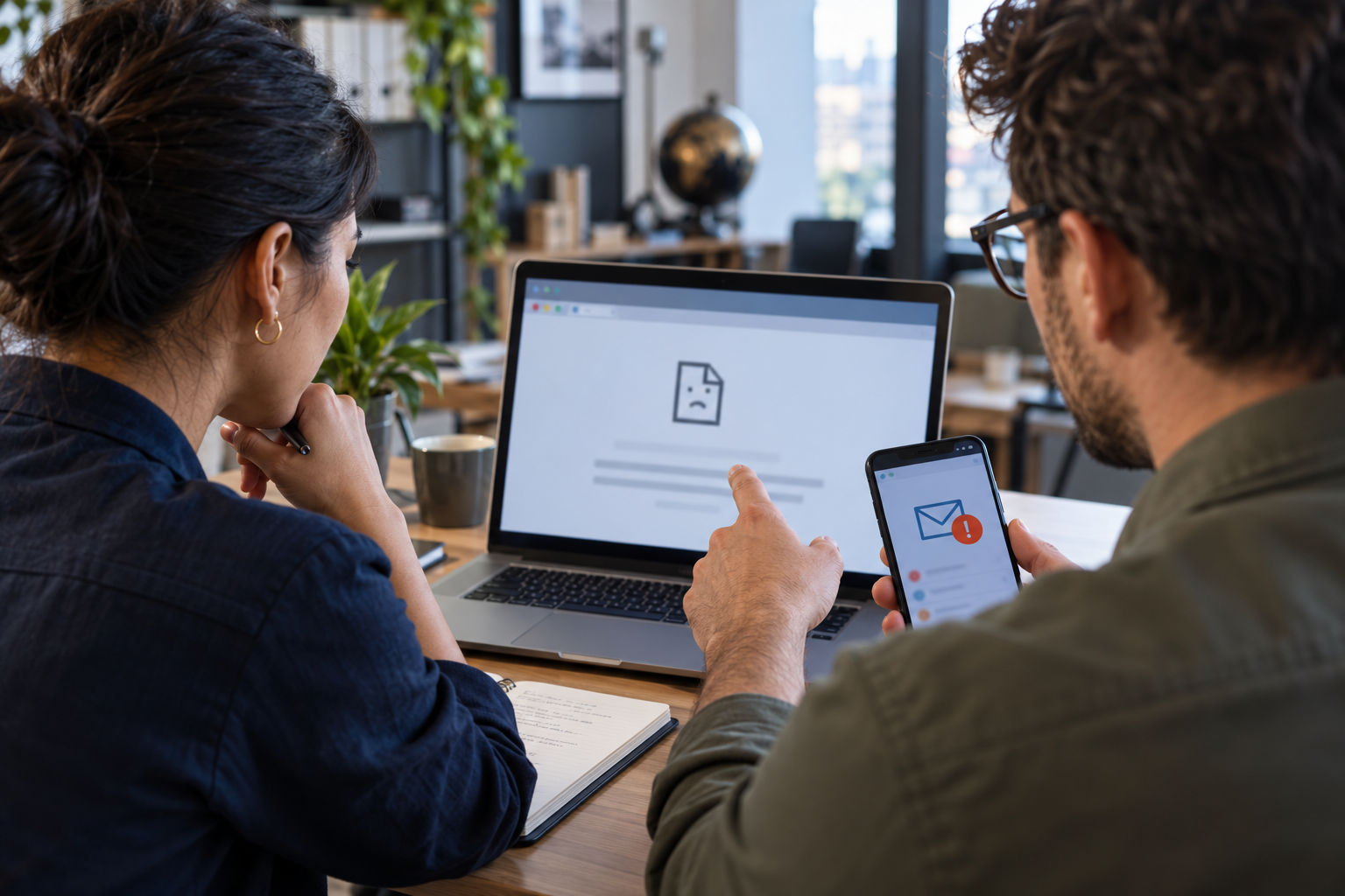Equipo comercial y técnico atendiendo una interrupción del sitio web y correo tras vencer un dominio