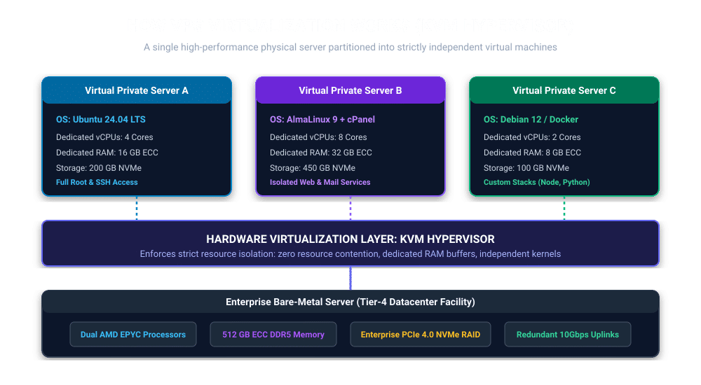 Infographic showing how KVM virtualization partitions bare-metal server hardware into isolated virtual private servers