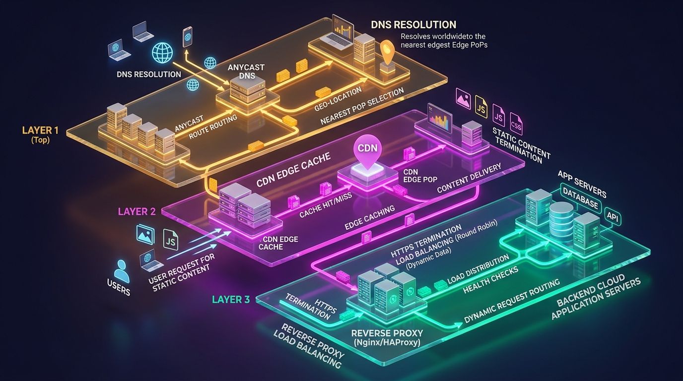 Infografía 3D que muestra cómo se enruta el tráfico web mediante Anycast DNS en capa 3, CDN perimetral en capa 7 y proxy inverso en origen