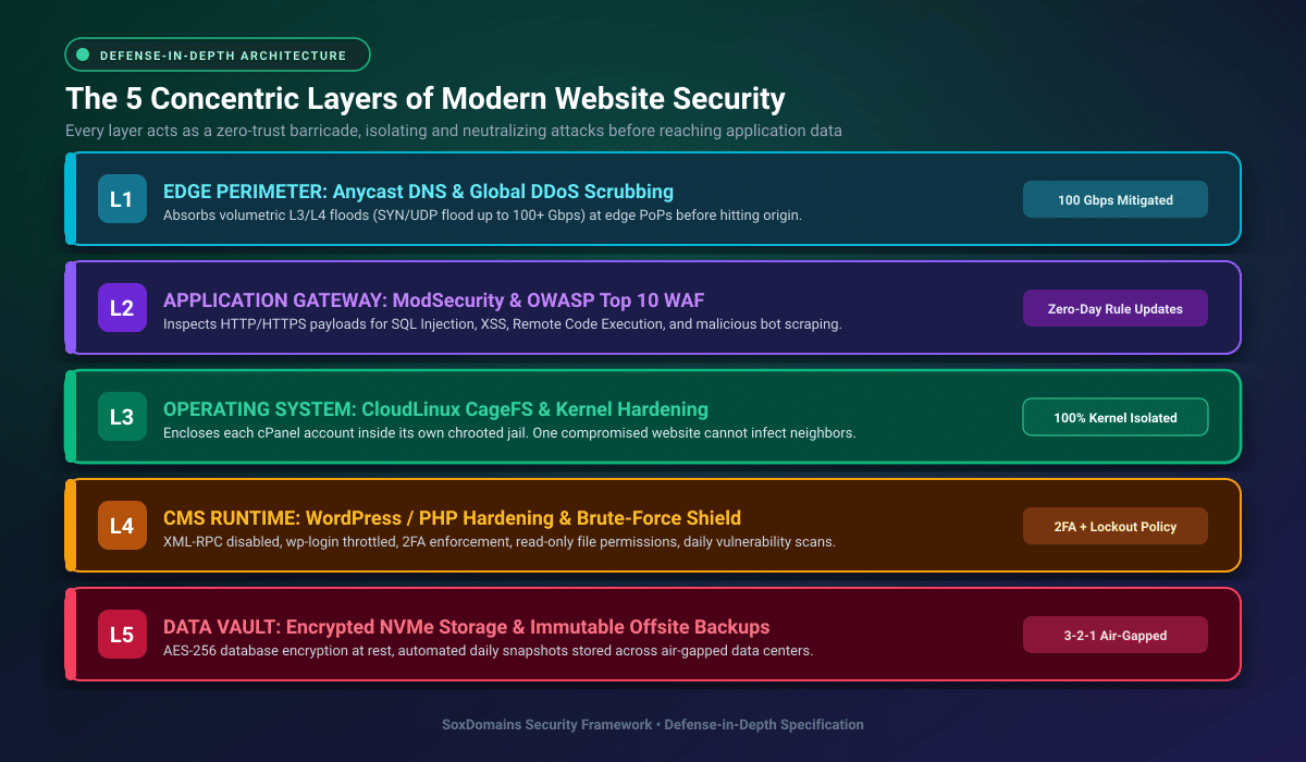 3D isometric cybersecurity model showing four fortified defense layers from server isolation to zero trust authentication.