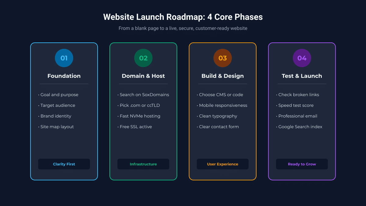 Infographic illustrating the website launch checklist across four stages: Foundation, Platform and Hosting, Design and Content, and Launch Readiness