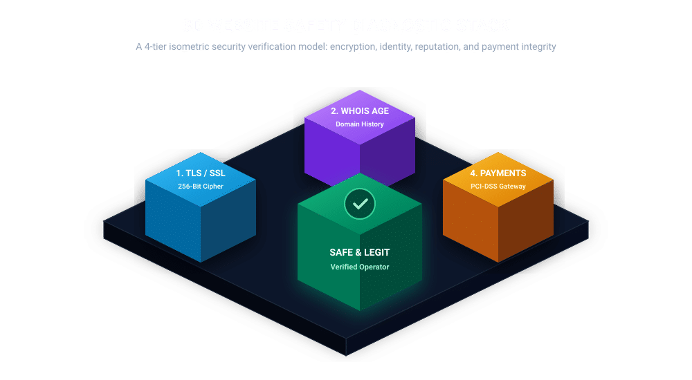 3D isometric diagnostic stack showing the four pillars of website safety verification: TLS encryption, WHOIS history, reputation scanning, and payment gateway security