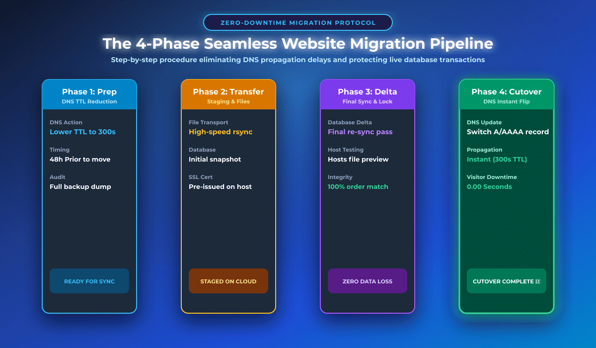 3D architectural 5-phase blueprint illustrating the zero-downtime migration pipeline.