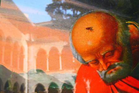 San José con la mosca en la cabeza y reflejos del claustro del Monasterio de Pedralbes.