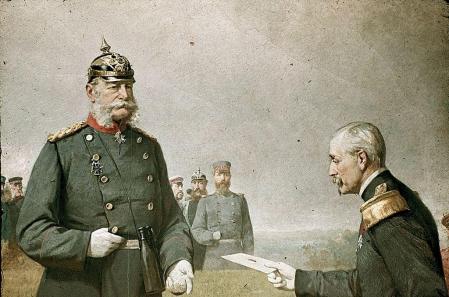 El general Reille entrega a Guillermo I la carta de rendición de Napoleón III.