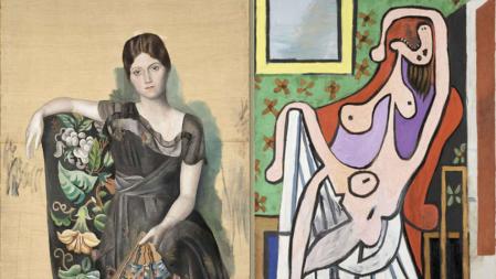 'Retrato de Olga en un sillón' (izquierda) y 'Gran desnudo en un sillón rojo' (derecha)