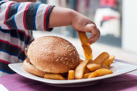 Un niño comiendo hamburguesa con patatas fritas
