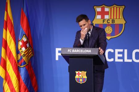 Leo Messi durante su rueda de prensa de despedida del FC Barcelona