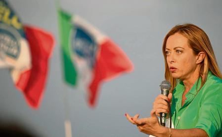 Fratelli d'Italia Leader Giorgia Meloni during her speech in Latina, Italy, on September 6, 2021. Fratelli d'Italia Leader Giorgia Meloni supports the election campaign of the centre-right candidate Vincenzo Zaccheo for the Latina mayoral elections. (Photo by Andrea Pirri/NurPhoto via Getty Images)