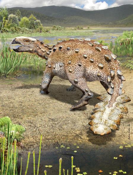 Imagen de como sería el dinosaurio blindado del Período Cretácico recientemente identificado 'Stegouros elengassen'.