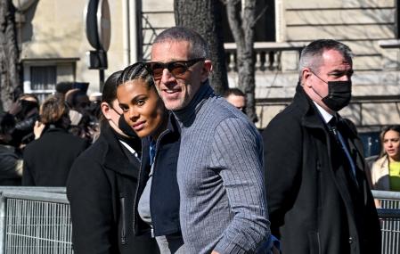 Model Tina Kunaney and actor Vincent Cassel arriving the MiuMiu event during Paris Fashion Week , France on March 8, 2022.