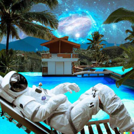 Imagen fotorrealista creada por IA de un astronauta descansando en un hotel en el espacio.