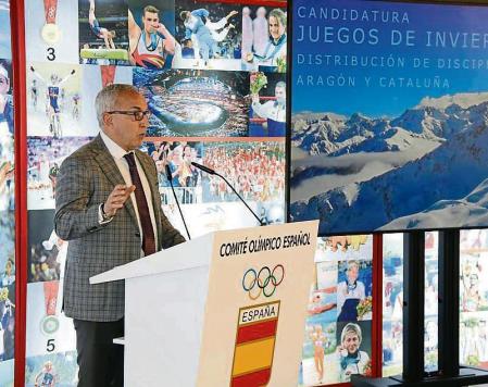 El president del COE, Alejandro Blanco, a la rod de premsa sobre la candidatura dels JJOO d'Hivern