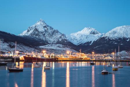 Amazing view of Ushuaia city at night, the most south city in the world in Patagonia, Argentina, South America.