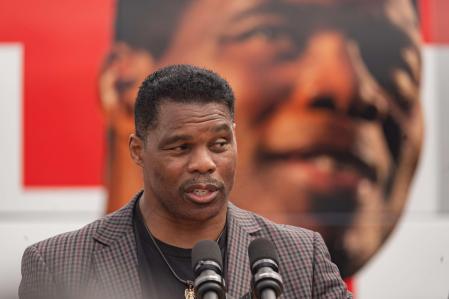 GWINNETT, GA - SEPTEMBER 09: U.S. Republican Senate candidate for Georgia, Herschel Walker speaks at a campaign event on September 9, 2022 in Gwinnett, Georgia. Heisman Trophy winner Herschel Walker is running against incumbent Democratic Senator Raphael Warnock for November's election.   Megan Varner/Getty Images/AFP