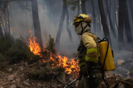 Un bombero trabaja en la extinción del incendio en la Sierra Culebra , a 16 de junio de 2022, en Zamora, Castilla y León, (España). La Junta de Castilla y León ha declarado nivel 2 del Plan de Protección Civil ante Emergencias por Incendios Forestales (Infocal) por simultaneidad de incendios provocados por rayos en Riofrío de Aliste y Ferreras de Arriba (Zamora), en la Sierra de la Culebra. Hasta el lugar se ha desplazado la Unidad Militar de Emergencias (UME).    Además de la UME, trabajan en el lugar tres helicópteros de la Junta y se han solicitado dos cuadrillas helitransportadas BRIF y tres anfibios del Ministerio para la Transición Ecológica y el Reto Demográfico.
16 JUNIO 2022;INCENDIO;FUEGO;DESASTRE NATURAL;MEDIO AMBIENTE;CAMBIO CLIMÁTICO;
Emilio Fraile / Europa Press
16/06/2022