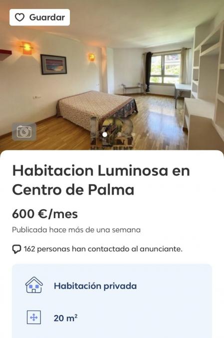 Habitación de alquiler en Palma por 600 euros.