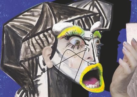 ORLAN: “Autohibridación entre mujeres (acto 2: Las mujeres que lloran están enfadadas núm. 5)“, 2019, collage digital, impresión fotográfica, 102 x 144,5 cm, edición de 7 ejemplares